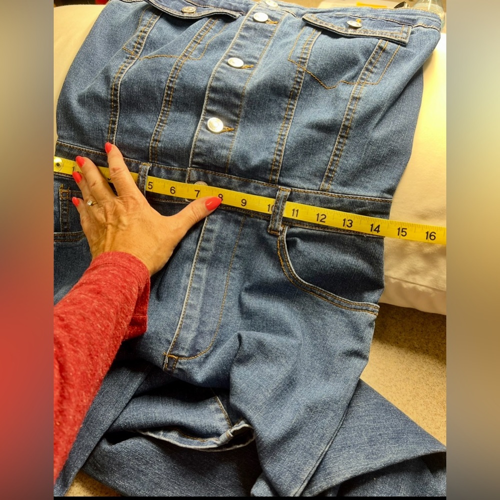 Stretchy Blue Denim Jumpsuit With Silver Buttons And Pockets - Picture 6 of 7